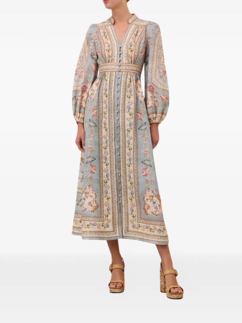Zimmermann Roselight Plunge Long Sleeve Linen & Silk Midi Dress Floral Paisley - Picture 1 of 13